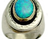 statement ring - Sterling silver and yellow gold ring with blue opal gemstone - Silent sea.