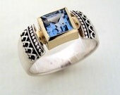 Sterling silver and yellow gold, oxidized filigree ring with a  rose cut , square blue topaz. gemstone - Triumph.