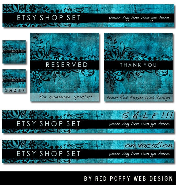 Premade Etsy Business Set, Premade Store Banners, Business Card, Hang Tag, Facebook Cover Picture, Graphics Aqua Blue Grunge Black