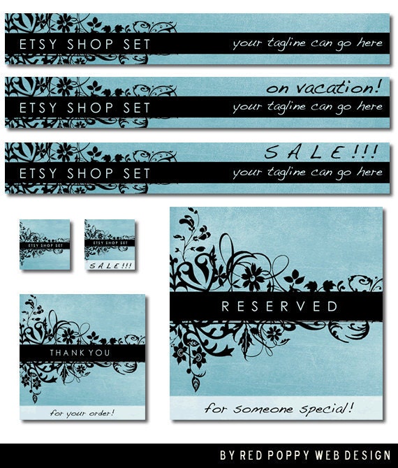 Etsy Banner Set Blue Black Floral Grunge Premade Etsy Shop Set Store Banners Avatar Graphics