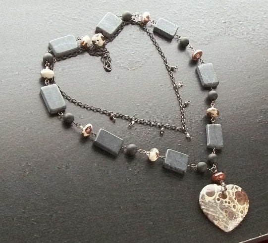 Ghost's eye jasper gemstone heart necklace with blackstone and blackened brass -Shadows