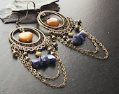 Golden agate heart gemstone chandelier earrings with sodalite-Gifted at the 2012 Academy Awards-Oscar Loves Boho Chic-Denim Blue, Yellow