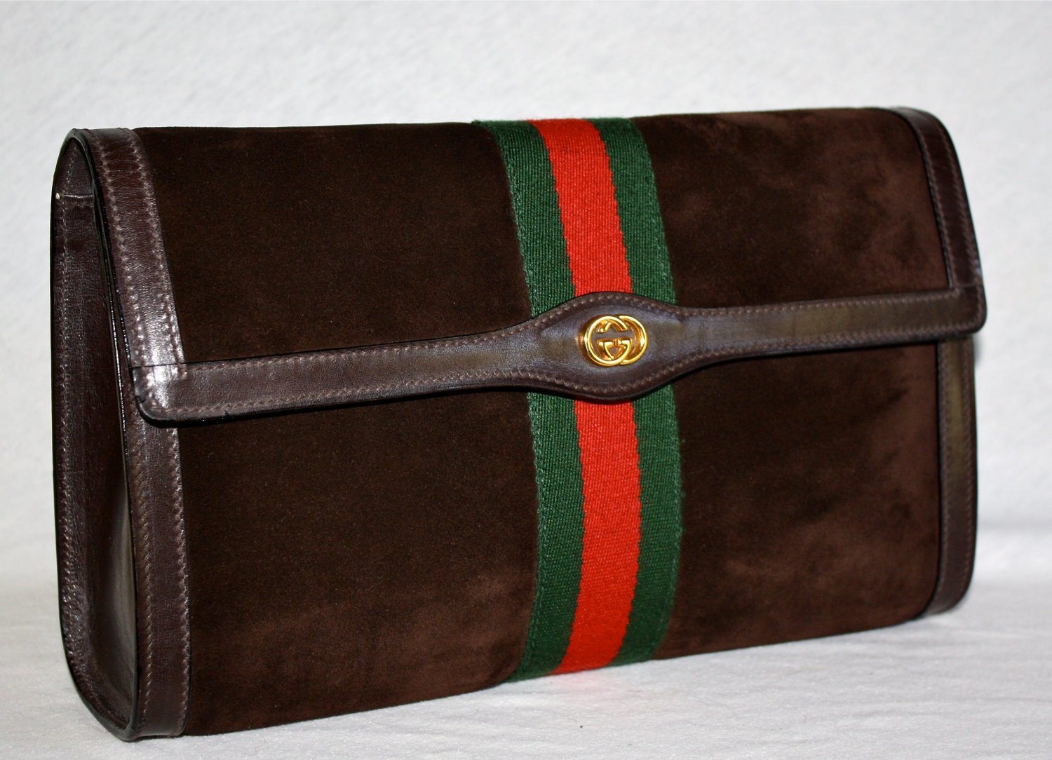 VINTAGE GUCCI Clutch Brown Suede Large Web Stripe
