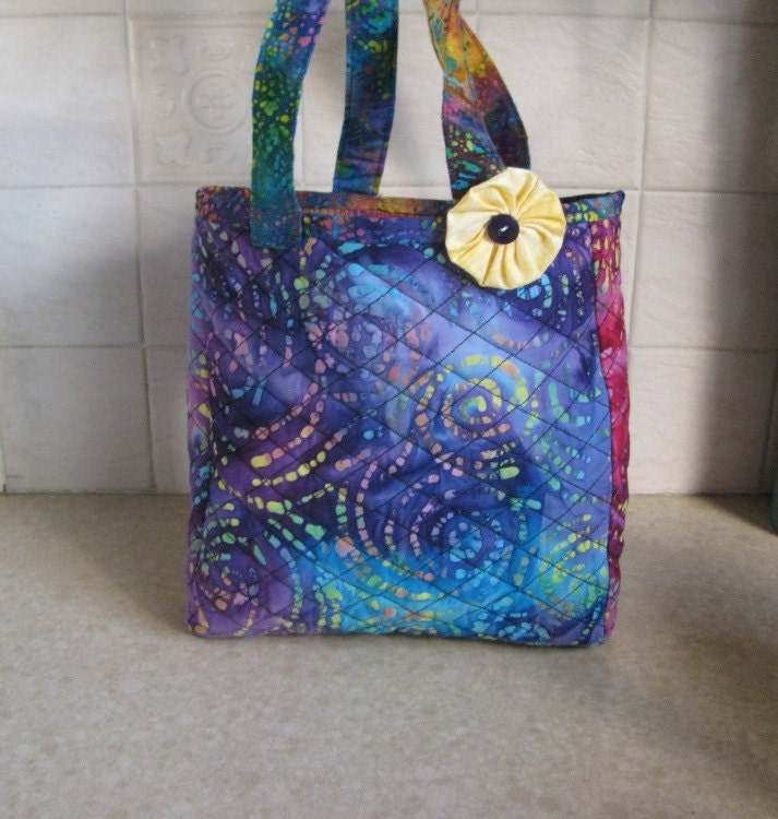 Quilted Tote Bag Purple Batik with Yo Yo