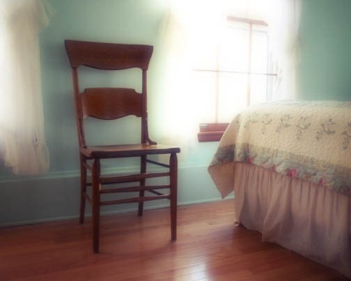 Ethereal home photograph  - relax read book, bedroom feminine aqua window light chair bed pastel - FirstLightPhoto