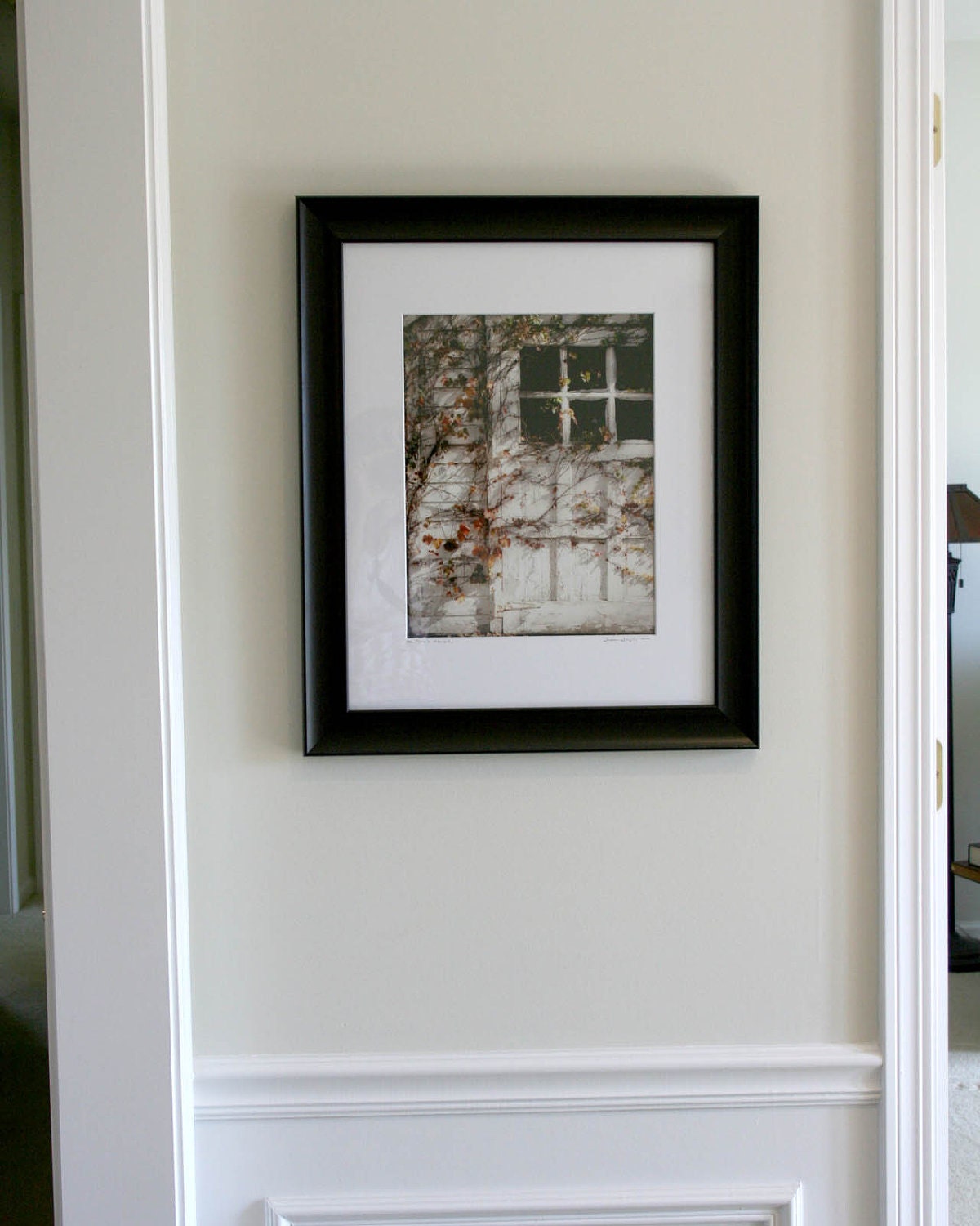 Country Cottage Photo autumn white rustic barn vines leaves fall home decor quaint 8x10