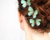 three handmade emerald green silk butterfly hair clips . emerald gypsies . pure dupioni silk - katesCottageShop