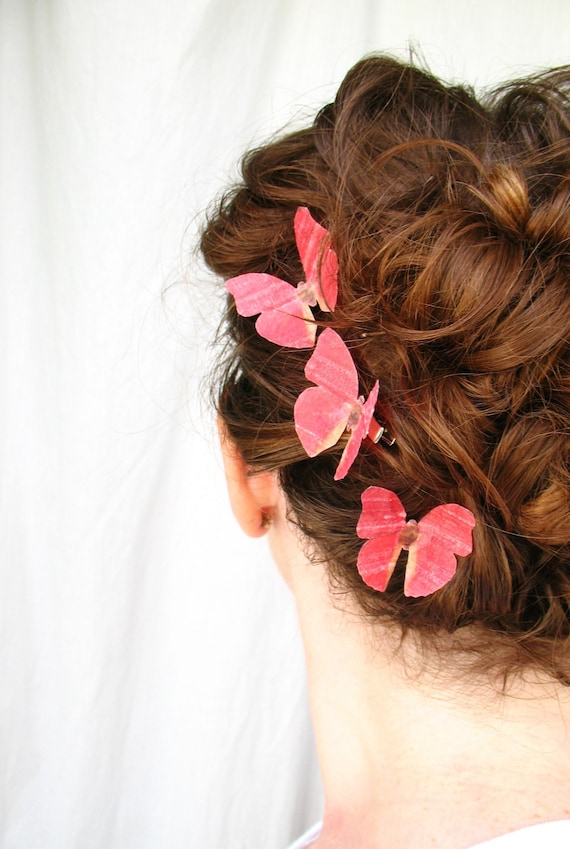 three handmade red silk butterfly hair clips . autumn blush . dupioni silk