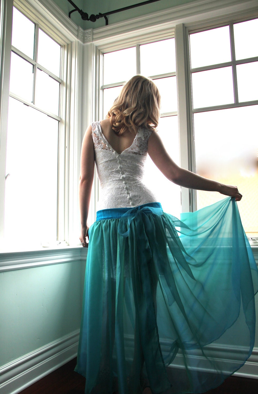 Custom Couture Lace Wiggle Wedding Dress with Detachable Silk Chiffon Skirt