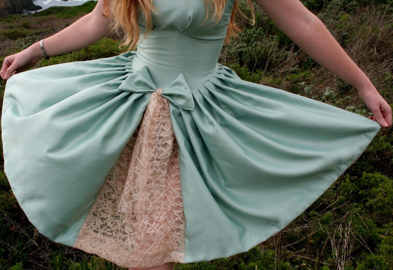 To The Sea Dress 50s Vintage Inspired Custom Sundress in Ocean Green Silk and Ecru Lace Any Size Color and Length
