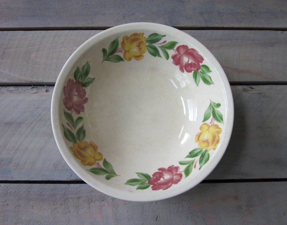 Shabby Chic Glazed Pottery Bowl with Yellow and Pink Flowers