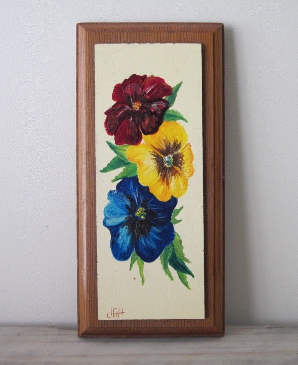 Vintage Wood Floral Painting of Flowers