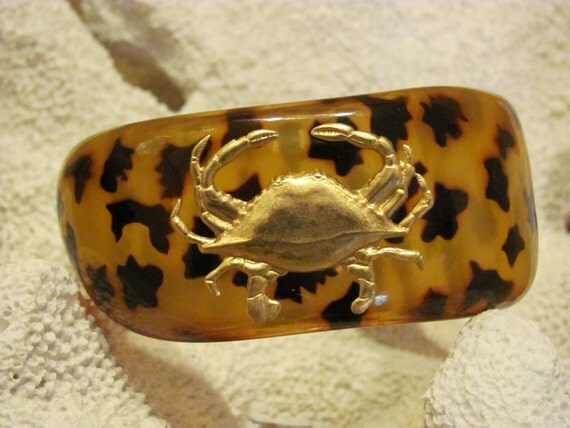 SALE Tortoise Shell Bangle with Gold Crab - Large and Beautiful Bracelet
