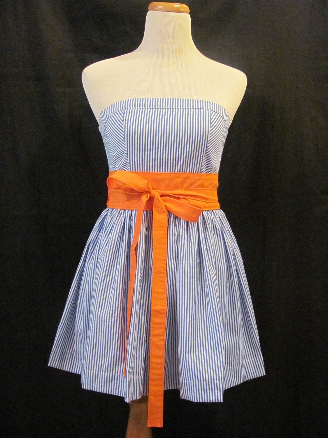 Blue & White Striped Sundress with Orange Wrap Belt