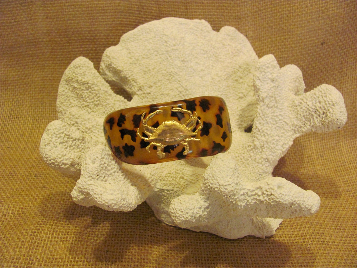 SALE Tortoise Shell Bangle with Gold Crab - Large and Beautiful Bracelet