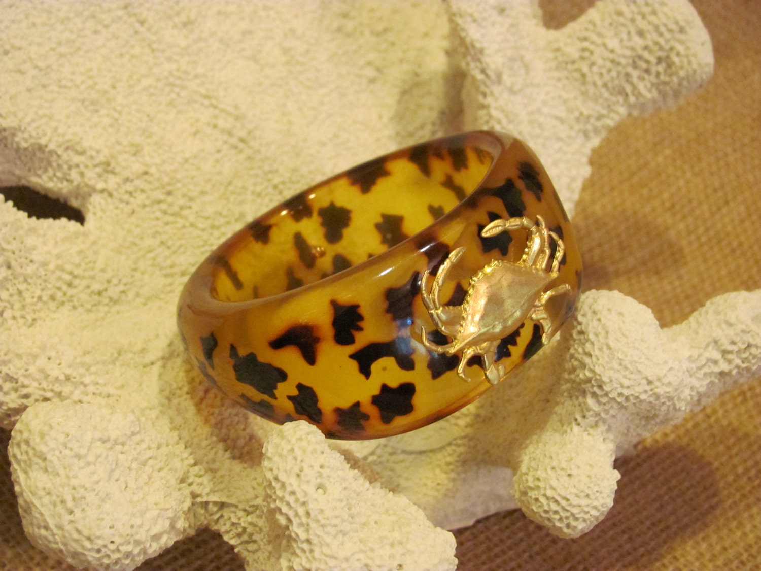 SALE Tortoise Shell Bangle with Gold Crab - Large and Beautiful Bracelet
