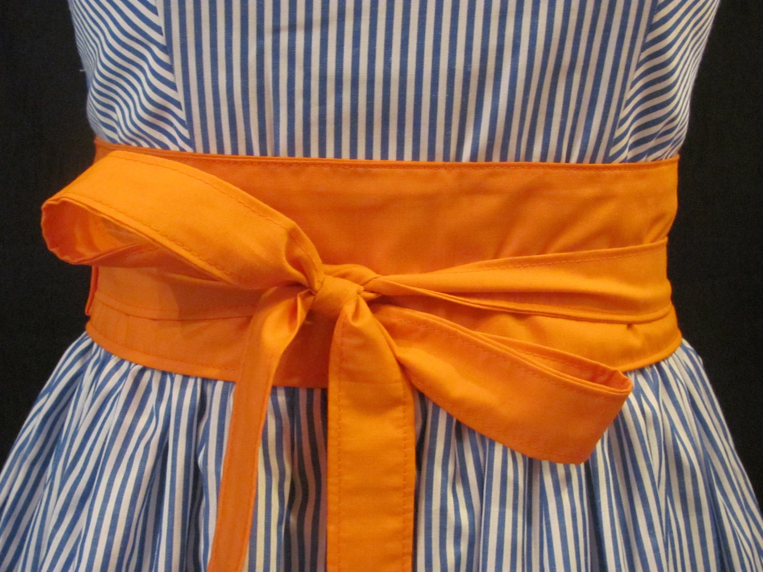 Blue & White Striped Sundress with Orange Wrap Belt