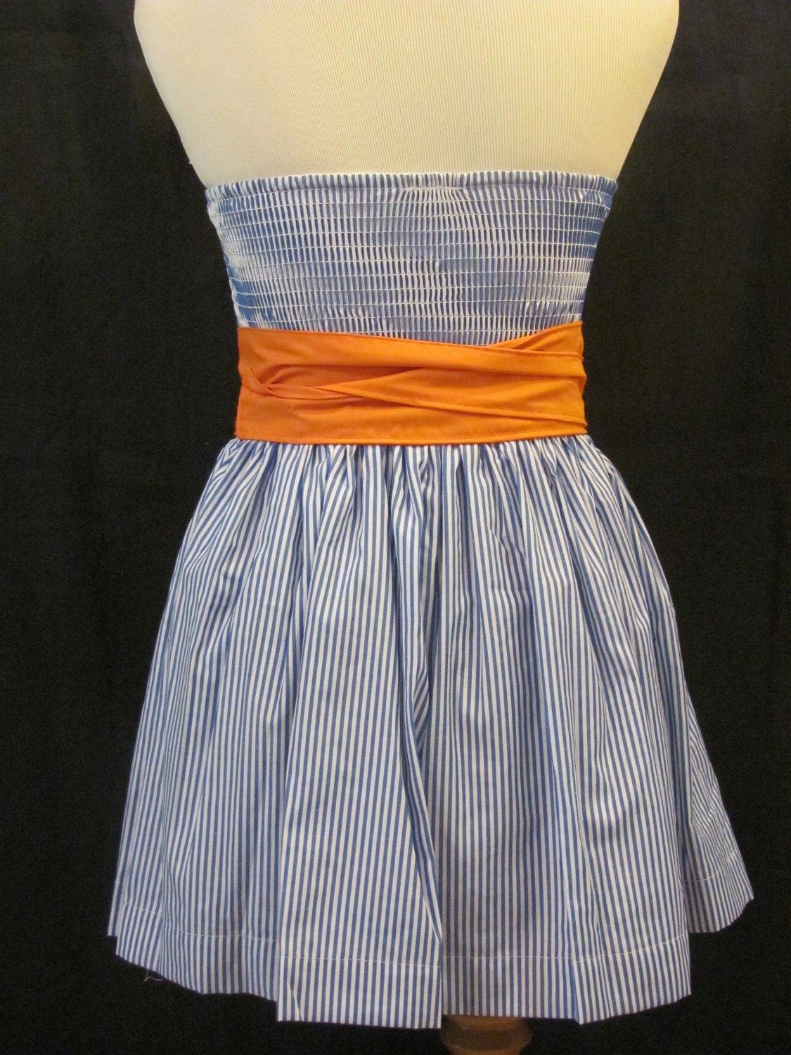 Blue & White Striped Sundress with Orange Wrap Belt