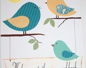 Nursery Room Decor,Children's Room Art Decor, Kids Wall Art,  Birds, Peach, Aqua, We Love You to the Moon and Back-Vertical, 8x10 Print