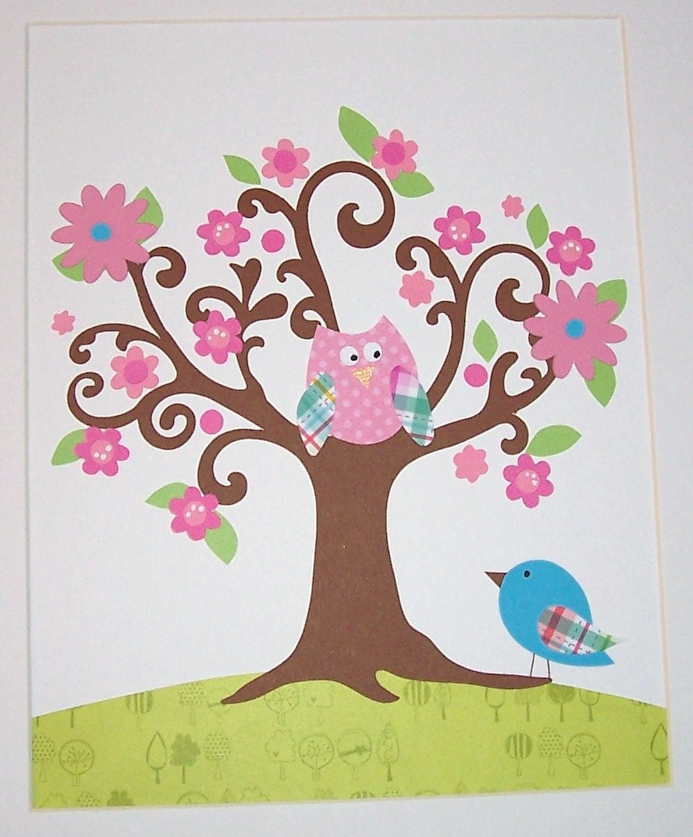 Kids Wall Art, Children's Art Decor, Baby Girl Nursery Decor, Birds, Owls, Tree, Pink, Green, Aqua, Sabrina's Tree, 8x10 Art Print