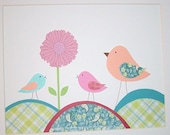 Kids Wall Art, Baby Room Art Decor, Baby Girl Nursery Decor, Birds, Flower, Peach, Pink, Green, Aqua, Birds on the Hill,  8x10 Print