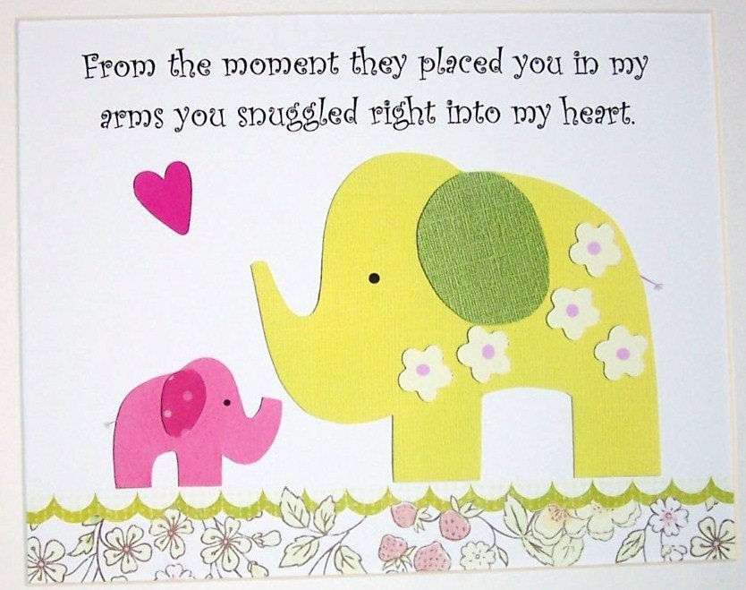 Baby Girl Art Decor, Nursery Room Decor,Kids Wall Art, Children, Verse, Elephants, Pink, Green, From the moment..my heart, 8x 10 Art Print