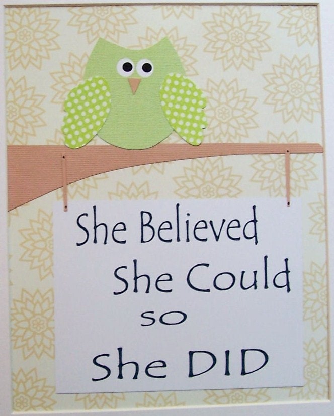 She believed she could so she did, Children's Art Decor, Baby Girl Nursery Decor, Kids Wall Art, Owl, Green, Tan, Verse, 8x10 Print