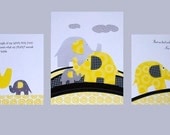 Nursery Art, Kids Wall Art, Children's Room Decor, Neutral Colors, Elephant, Gray, Yellow, Quote, Set of Three, 8x10 Prints