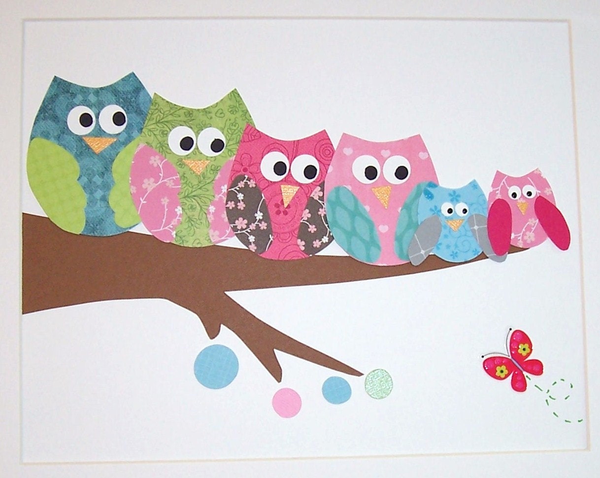 Nursery Art Print, Kids Wall Art, Children's Room Art, Art for Kids Room, Baby Room Decor, Owl, Butterfly, Happy Family, 8x10 Print