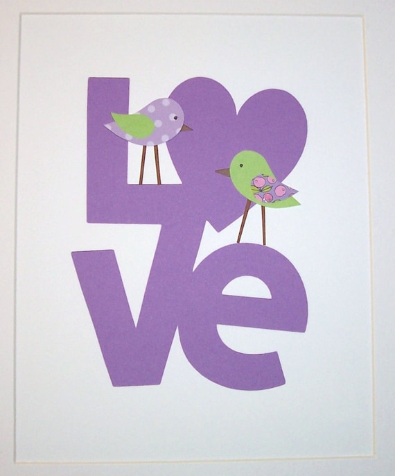 Kids Wall Art, Children's Room Art, Baby Girl Nursery Decor, Purple, Lavender, Green, Love Birds, 8x10 Print