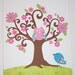Kids Wall Art, Children's Art Decor, Baby Girl Nursery Decor, Birds, Owls, Tree, Pink, Green, Aqua, Sabrina's Tree, 8x10 Art Print