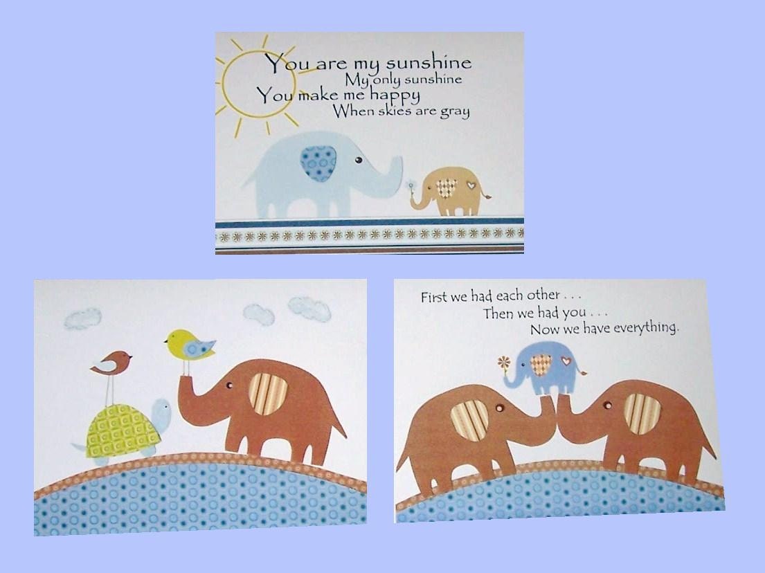 Kids Wall Art, Nursery Art Prints, Baby Boy Room Art Decor, Nursery Art, Bird, Elephant, Blue, Brown, Quote, Set of Three, 8x10 Prints