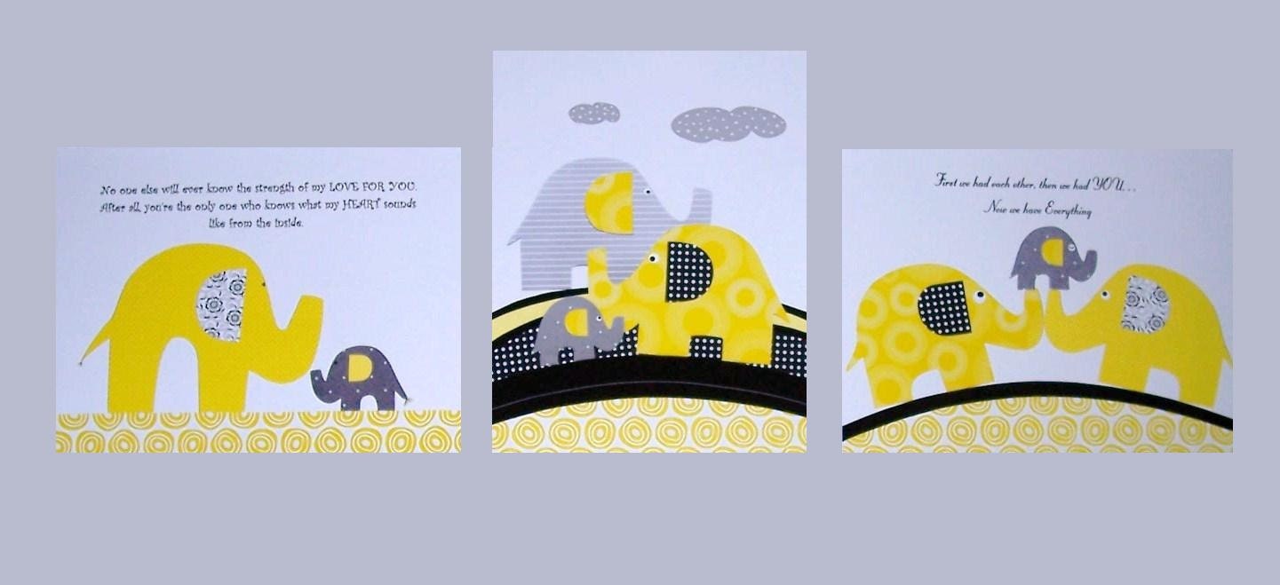 Nursery Art, Kids Wall Art, Children's Room Decor, Neutral Colors, Elephant, Gray, Yellow, Quote, Set of Three, 8x10 Prints