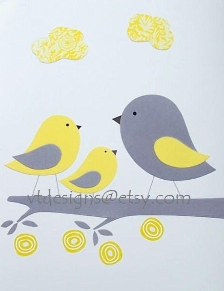 Kids Wall Art, Baby Girl Art Decor, Children, Nursery Decor, Birds, Yellow, Gray, Love Each Other, 8x10 Print