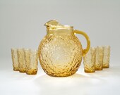 1960's Anchor Hocking Glasses & Pitcher Set - Amber Milano Mid Century Textured Glass