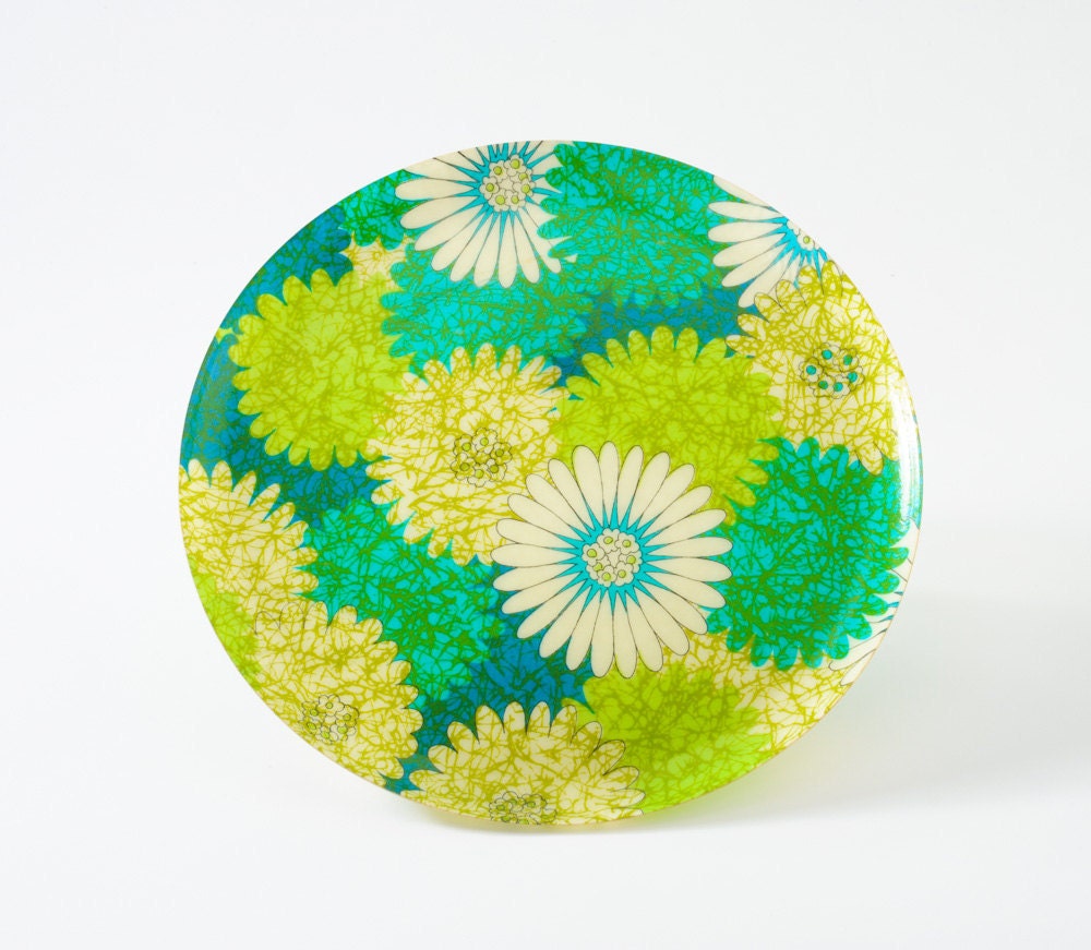 60's MOD Snack Set - Blue Green Floral Bowls & Platter with Holder