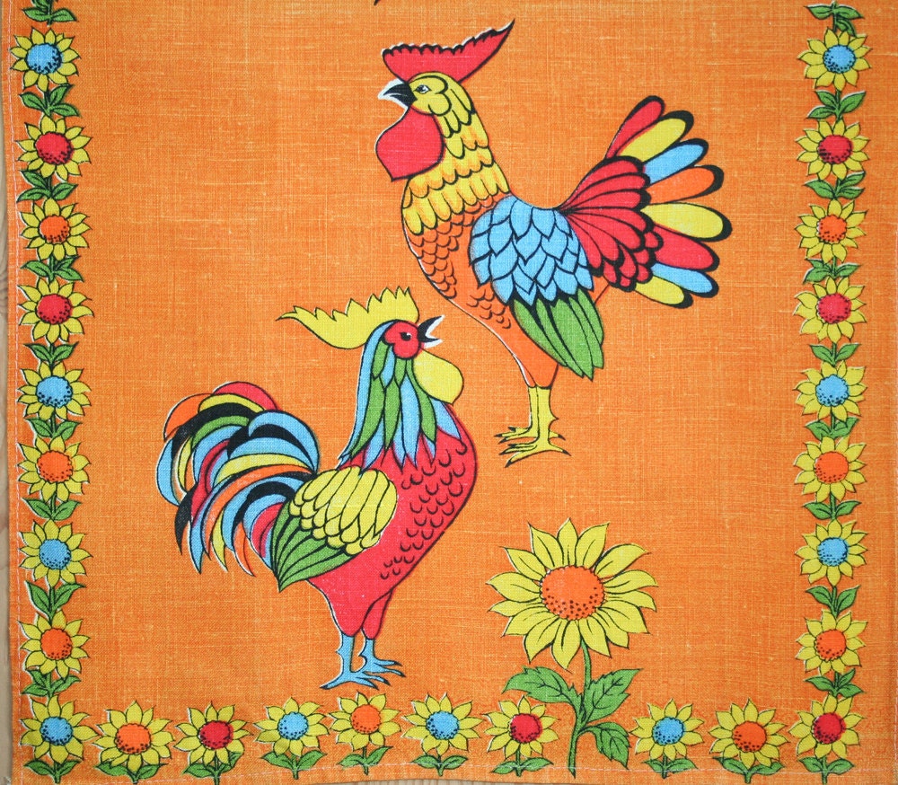 Vintage linen kitchen towel with roosters and daisies