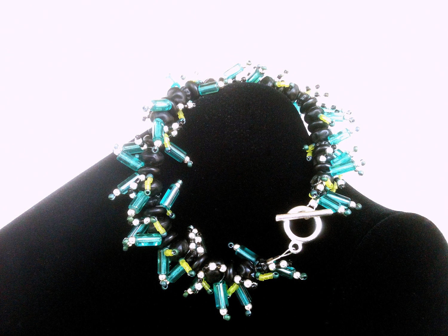 Cyber City Bracelet - Turquoise, Matte Black, Neon Lime Green, and Silver long length glass beaded bracelet.