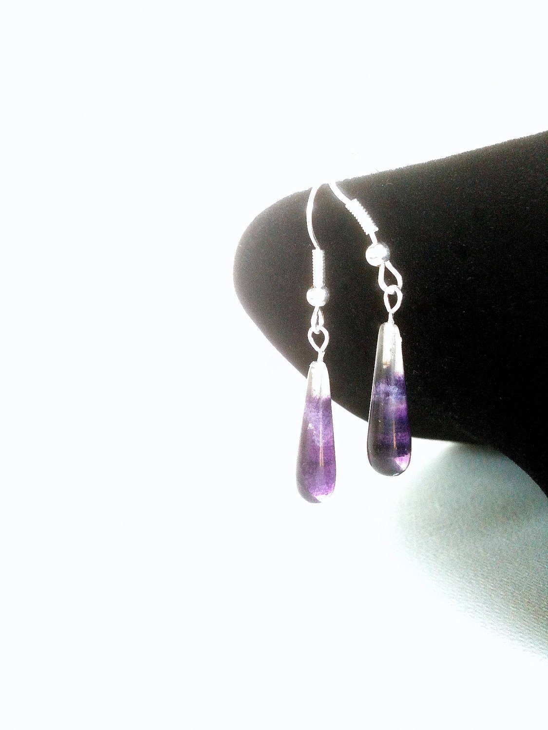 Purple Striations - long dangling purple and clear striated fluorite and silver drop pair of earrings by Roots and Wings Designs