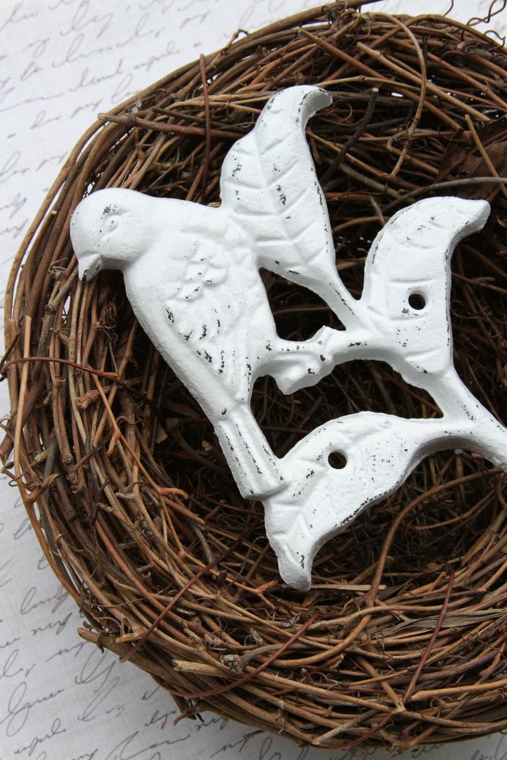 Bird on a Branch Wall Hook, Cast Iron, White, Shabby Chic, Distressed