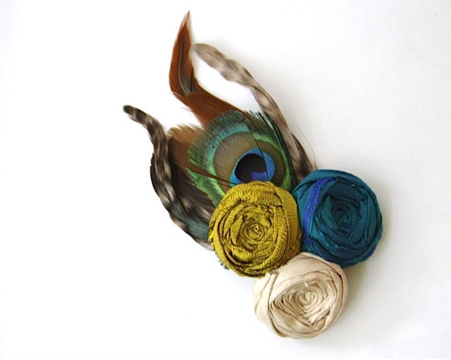 SALE Hair Clip Silk Rosette Couture Flowers Trio Roses Chartreuse Glory Peacock Blue Latte Cream Peacock Feathered