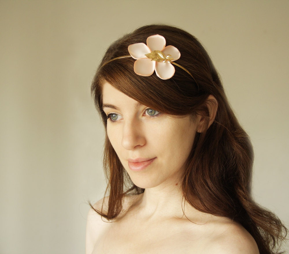 Single flower headband for women, pink flower and gold leave hair accessory, satin flower headpiece for women