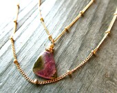 Stadium Love Watermelon Tourmaline Pendant with 14kt Gold Filled Satellite Chain