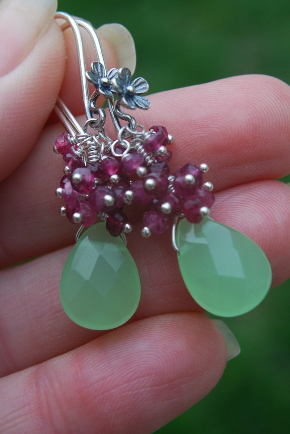 Green Jade Pink Tourmaline Earrings Sterling Silver Handmade Wire Wrapped Cluster Flower Earwire Earrings