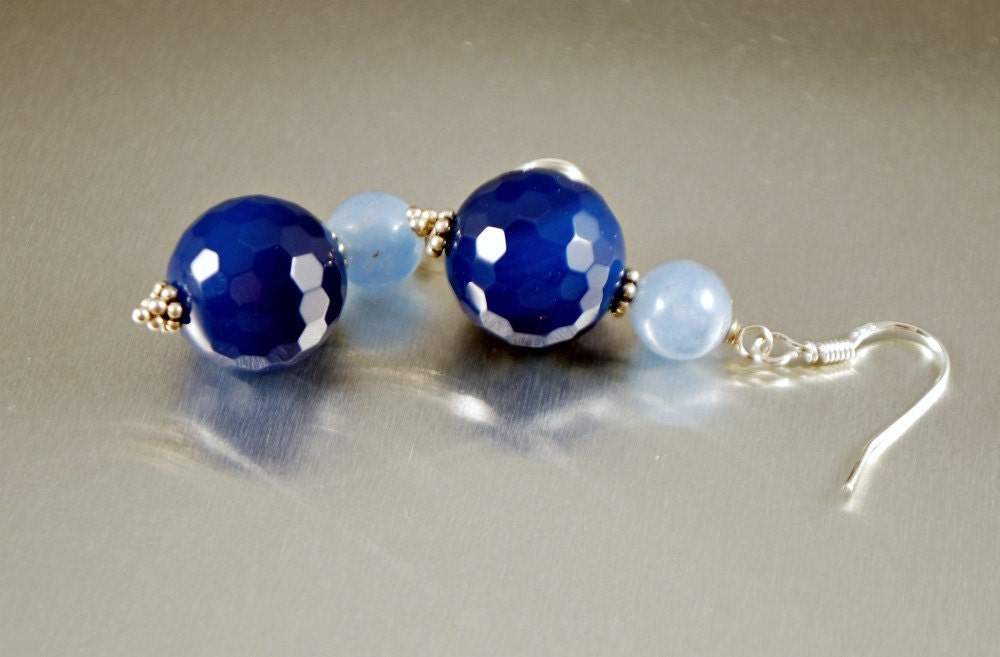 Navy Blue Agate Earrings Light Blue Jade Sterling Silver Handmade Gemstone Dangle Earrings