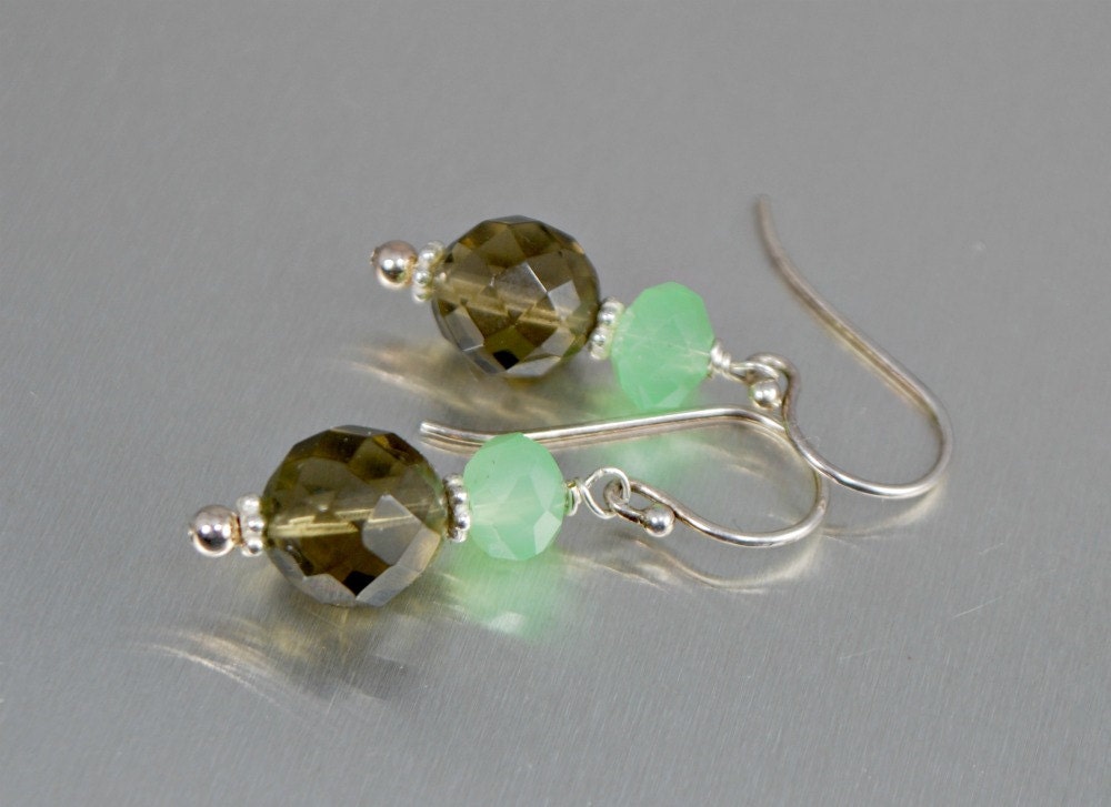 Smoky Quartz Earrings Czech Lime Green Glass Sterling Silver Handmade Brown Smokey Quartz Dangle Earrings SALE