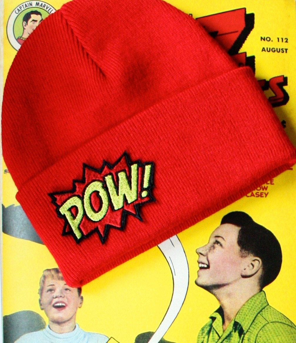 Beanie Hat, POW, Comic Inspired Knitted Hat, Red