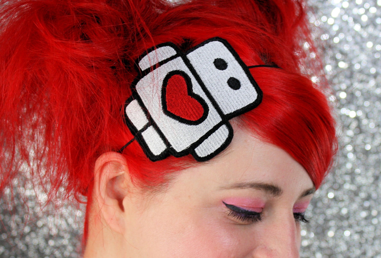 Cute Robot Headband, White and Red Love bot