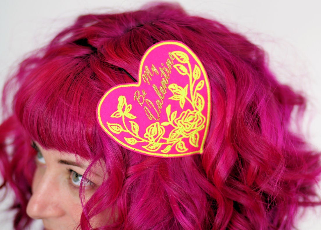 Valentine Heart Headband, Neon Pink, Neon Yellow Roses, Gold, Be My Valentine