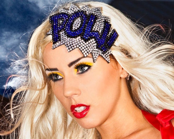 POW Fascinator Rhinestone, Comic Book Fascinator, Crystal and Blue, As seen on the Today Show and Curve magazine